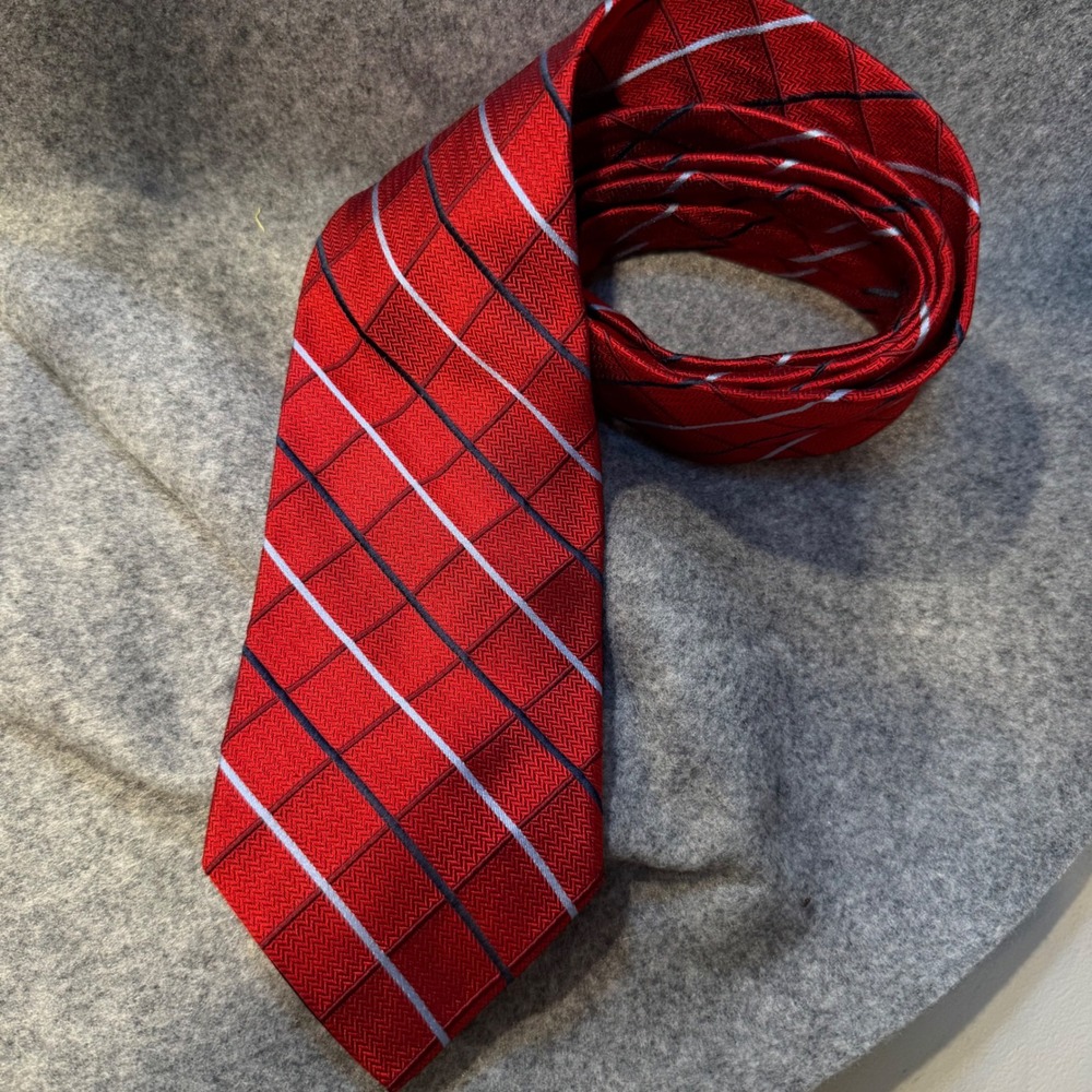 Brooks Brothers 346 Mens Red Plaid Striped Pure Silk Necktie Geometric USA Made